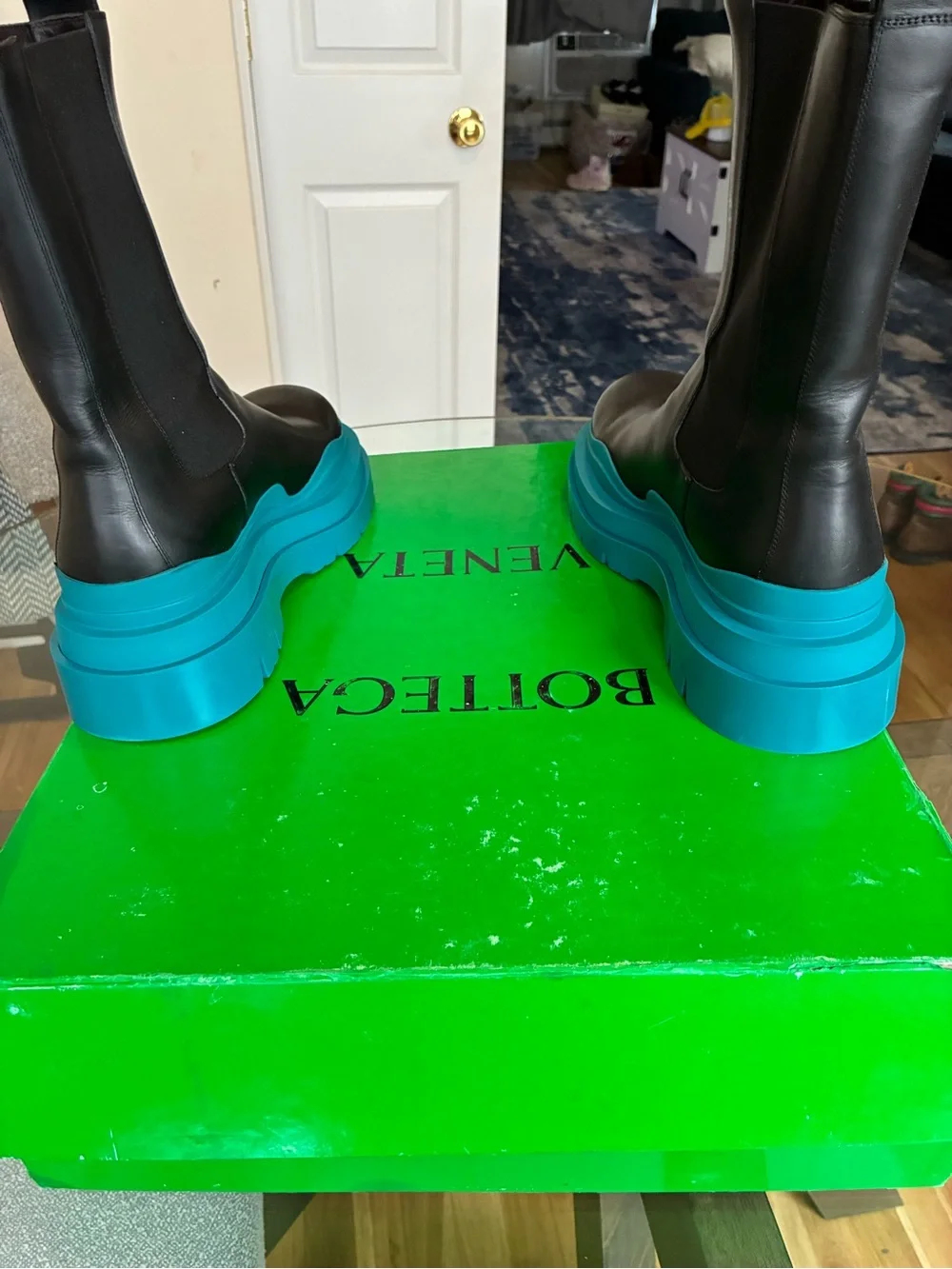 Bottega Veneta Black Leather Boots with Turquoise Platform Soles